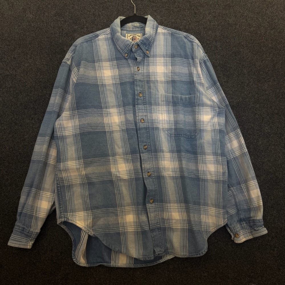 American Blue Authentic Denim Mens Plaid Shirt Blue White 90s Cotton Large L